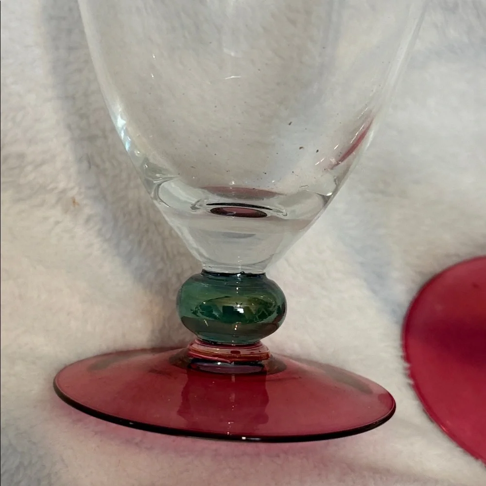 Crate & Barrel Red Base Wine Glass Set with Green Accents - Like New
